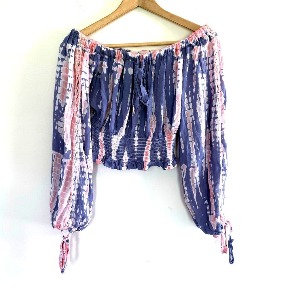 SURF GYPSY off shoulder purple white pink tie dye boho indie crop top blouse